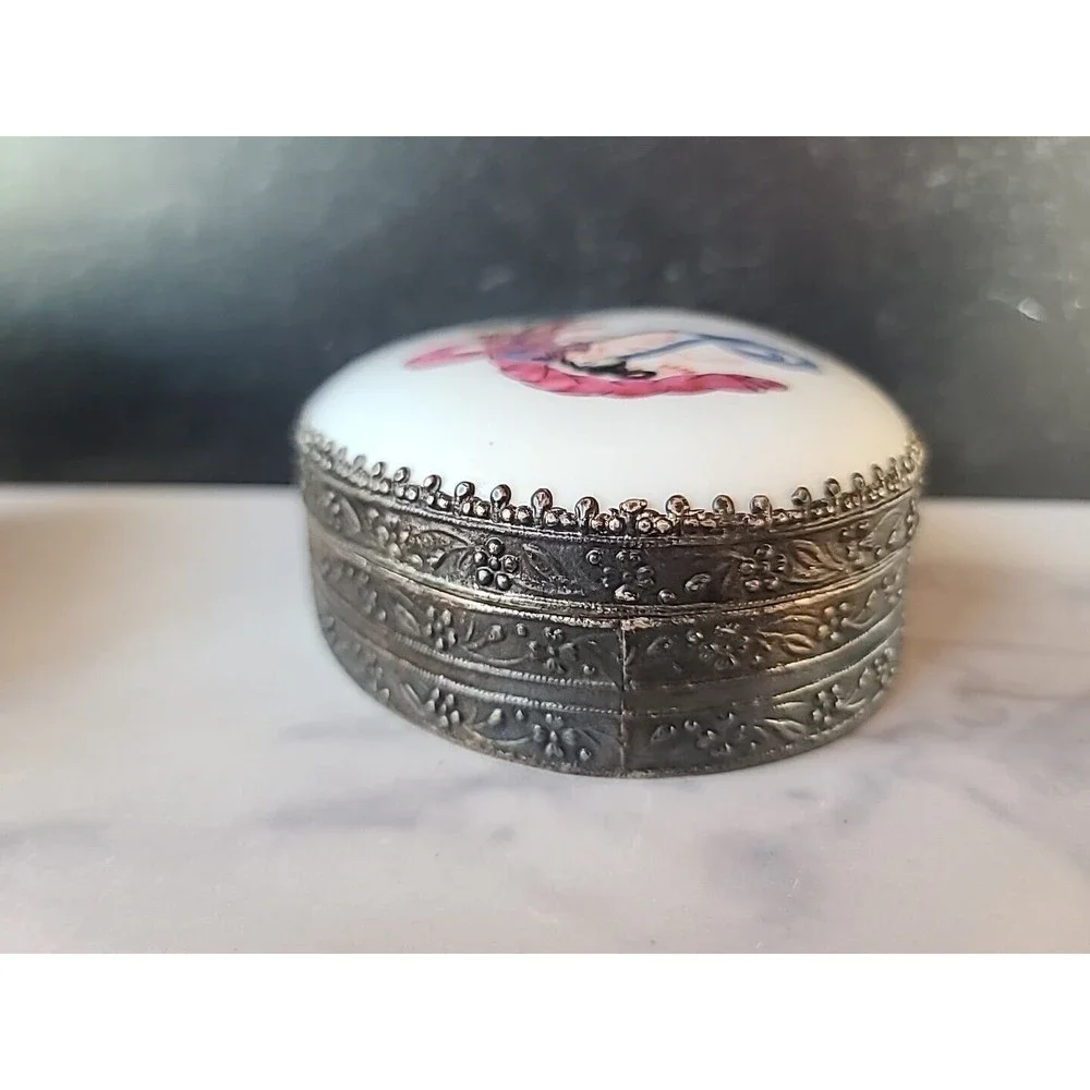 Oval Chinese Silver & Figural Female Porcelain Lidded Domed Box 4.5